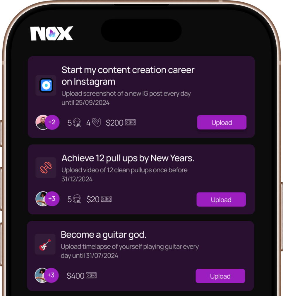 Nox mobile app interface showing goal tracking and accountability features