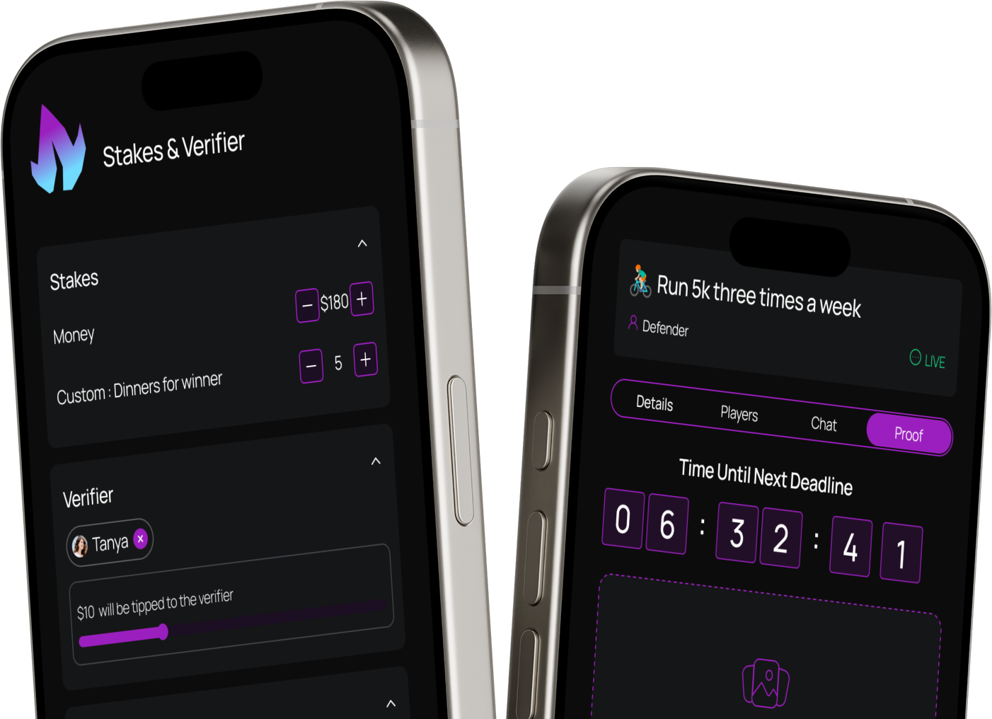 Goal setting interface with deadline picker, stakes amount, and verification options