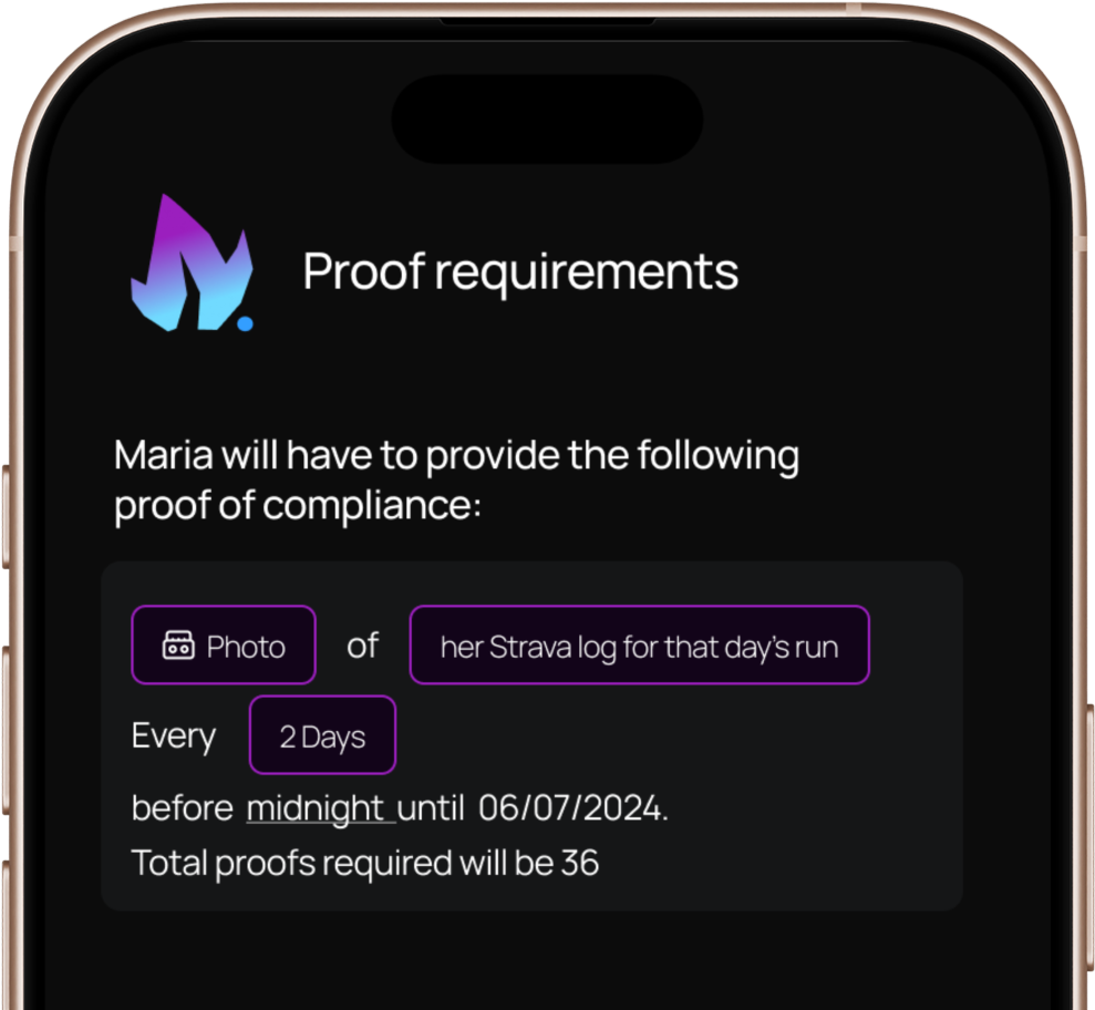 Progress tracking screen showing daily check-ins, proof submissions, and verification status